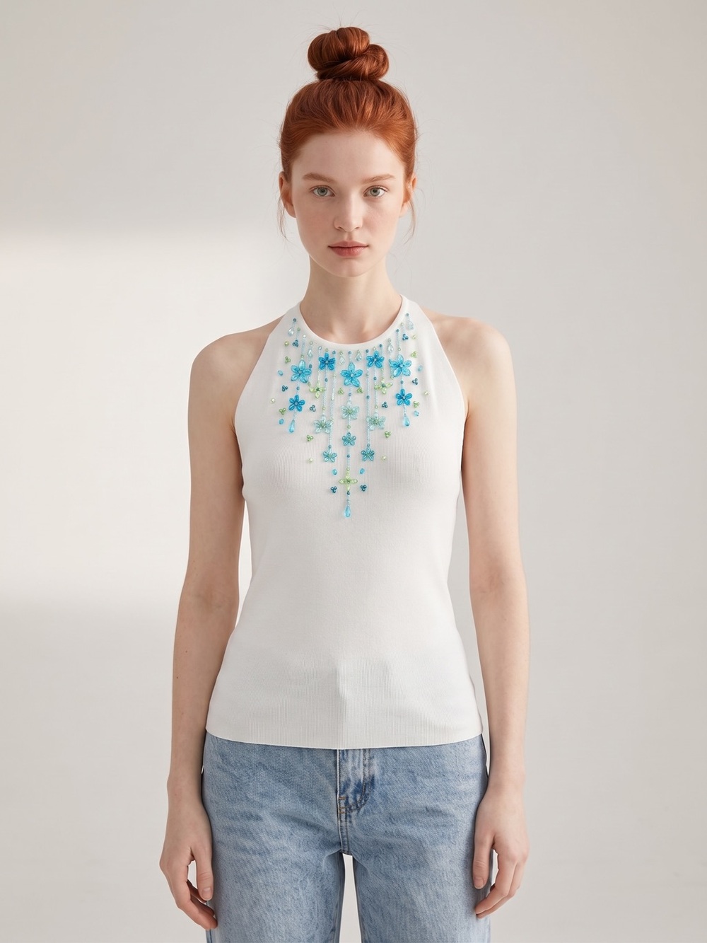 David Meister Y2K Fairycore Beads Embellished Halter Tank Floral applique. M